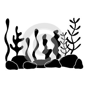 Underwater world, landscape with seaweed. plant silhouettes in a flat style. Monochrome, black and white.