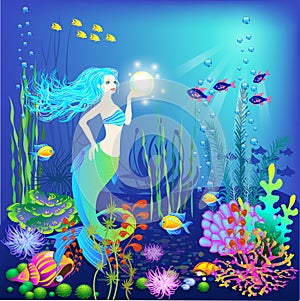 Underwater world, little mermaid, fishes, sea plants and a pearl