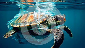 A sea turtle burdened by a plastic bag entwined around its body. Generative AI photo