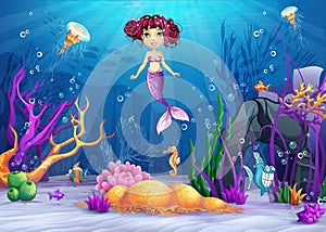 Underwater world with a mermaid with pink hair