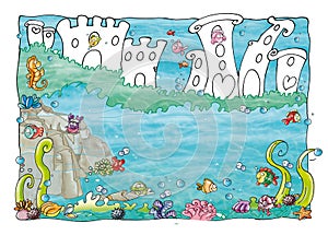 Underwater world of mermaids with houses and fish Color illustration for books and fables