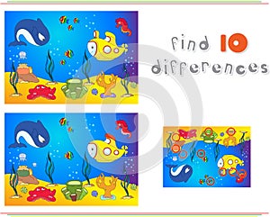 Underwater world, ocean floor with octopus, submarine, whale, fish, corals and sea shells. Educational game for kids: find ten di