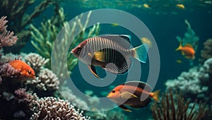 Underwater world in the ocean or in the sea. Fish swim among corals and marine plants