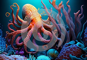 Underwater world. Octopus.coral illustration. AI generative