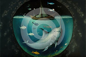 Underwater world painting in Hieronymus Bosch style illustration generative ai