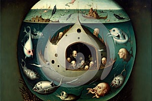 Underwater world painting in Hieronymus Bosch style illustration generative ai