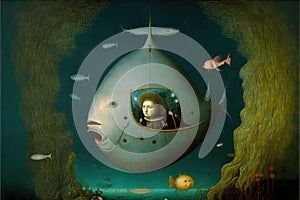 Underwater world painting in Hieronymus Bosch style illustration generative ai