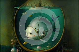 Underwater world painting in Hieronymus Bosch style illustration generative ai