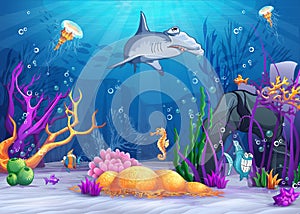 Underwater world with sea ocean animals, corals and algae, shark, whale, fish, turtle and jellyfish. Sea life Cartoon Vector