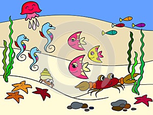 The underwater world, the seabed with its inhabitants. Cartoon raster