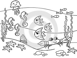 The underwater world, the seabed with its inhabitants. Cartoon vector coloring