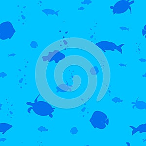 Underwater world seamless pattern. Blue depth with silhouettes of fish and sea turtles.