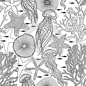 Underwater world. Seamless vector pattern on white. Perfect for design templates, wallpaper, wrapping, fabric and textile
