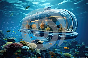 Underwater world with a submarine and corals. 3d render, The submarine of the future will be underwater next to coral reefs and