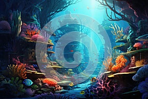 Underwater world. Underwater world with corals and tropical fish, Coral garden seascape and underwater world, AI Generated