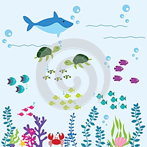 Underwater world vector illustration with fish, plants, turtle and crab