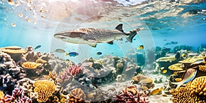 underwater worlds - whale shark swims underwater through the ocean