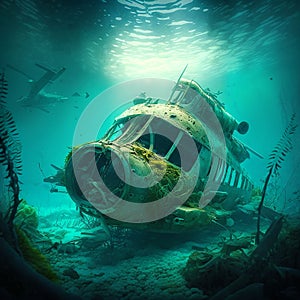 Underwater Wreckage of a Plane. AI Generated