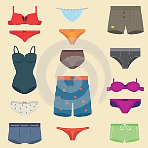 Underwear clothes fashion look man and woman vector set.