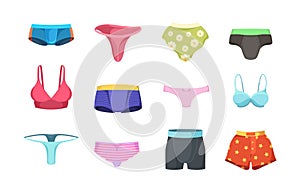Underwear fashioned. Male underpants female panties boys and girls clothes lingerie vector set