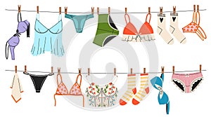 Underwear on ropes. Women panties and bras drying on clothesline, beautiful ladies lingerie, color female undergarment