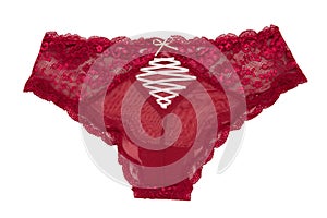 Underwear woman isolated. Close-up of a luxurious elegant sexy red lacy thongs panties isolated on a white background. Underwear