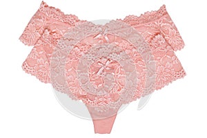Underwear woman isolated. Close-up of two luxurious elegant pink lacy thongs panties isolated on a white background. Underwear