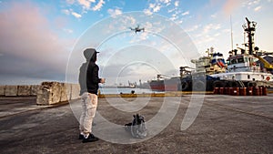 Undistracted dron pilot observes majestic seaport