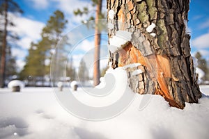 undisturbed snow around pine trunk