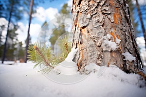 undisturbed snow around pine trunk