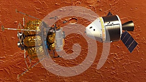 Undocking of the space station and lander over the planet mars