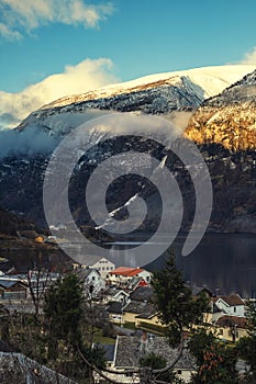 Undredal village in an Aurlandsfjord in Norway