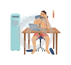 Undressed man working in heat office with fan