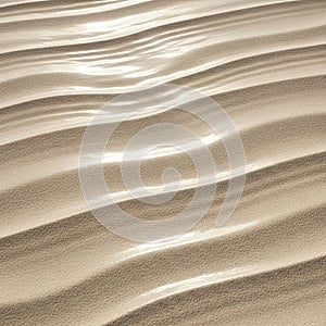 Undulating beige sand dunes with smooth, rhythmic patterns create a striking visual. The surface's