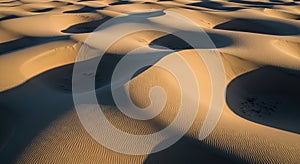 Undulating sand dunes under low-angle sunlight