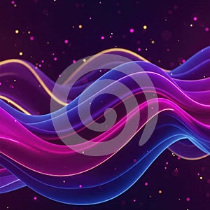 Neon blue & purple waves glow. Gold flecks sparkle in a dark space. Abstract background