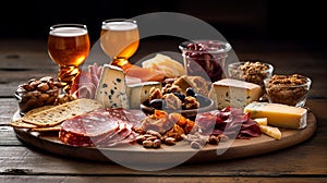 Une biÃ¨re savoureuse avec un plateau de charcuterie et de fromages.Generative AI photo