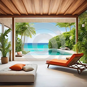Une maison de plage en bois de plantes vert clair moderne avec des un intÃÂ©rieur orange de relaxation et un voyage de luxe photo