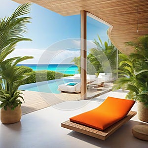 Une maison de plage en bois de plantes vert clair moderne avec des un intÃÂ©rieur orange de relaxation et un voyage de luxe photo