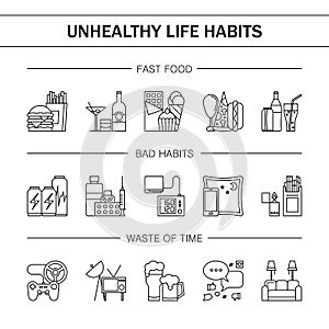 Unealthy lifestyle habits black and white line vector icons isolated. Fast junk food cola hanburger pizza. Bag habit