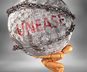 Unease and hardship in life - pictured by word Unease as a heavy weight on shoulders to symbolize Unease as a burden, 3d