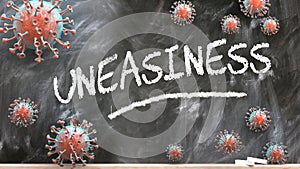 Uneasiness and covid virus - pandemic turmoil and Uneasiness pictured as corona viruses attacking a school blackboard with a