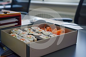 uneaten sushi rolls in a bento box left on an office desk