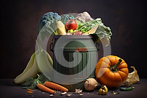 Uneaten unused spoiled vegetables thrown in the trash container. Food loss and food waste. Reducing wasted food, composting,