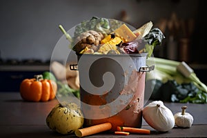 Uneaten unused spoiled vegetables thrown in the trash container. Food loss and food waste. Reducing wasted food, composting,