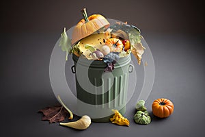 Uneaten unused spoiled vegetables thrown in the trash container. Food loss and food waste. Reducing wasted food, composting,