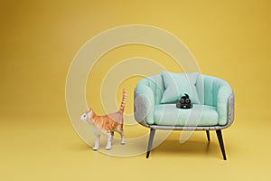 uneducated cat. the cat pooped on the chair. a chair with a poop next to which the outgoing cat. 3d render photo