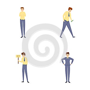 Unemployed man icons set cartoon vector. Frustrated fired man looking for job