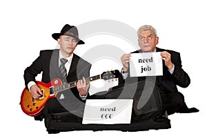 Unemployed playing guitar for money and job