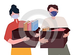 Unemployement men women wear mask carrying box contain archives sad face with flat cartoon style